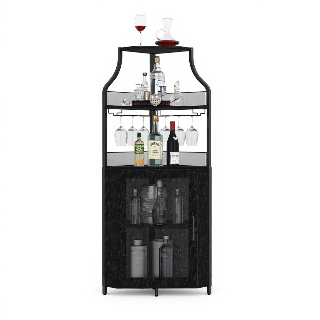 Garvee Gabinete Esquinero para Vino 155 cm Alto Estilo Granero con Luz LED y Estante Ajustable para Cocina y Sala Multiusos Negro