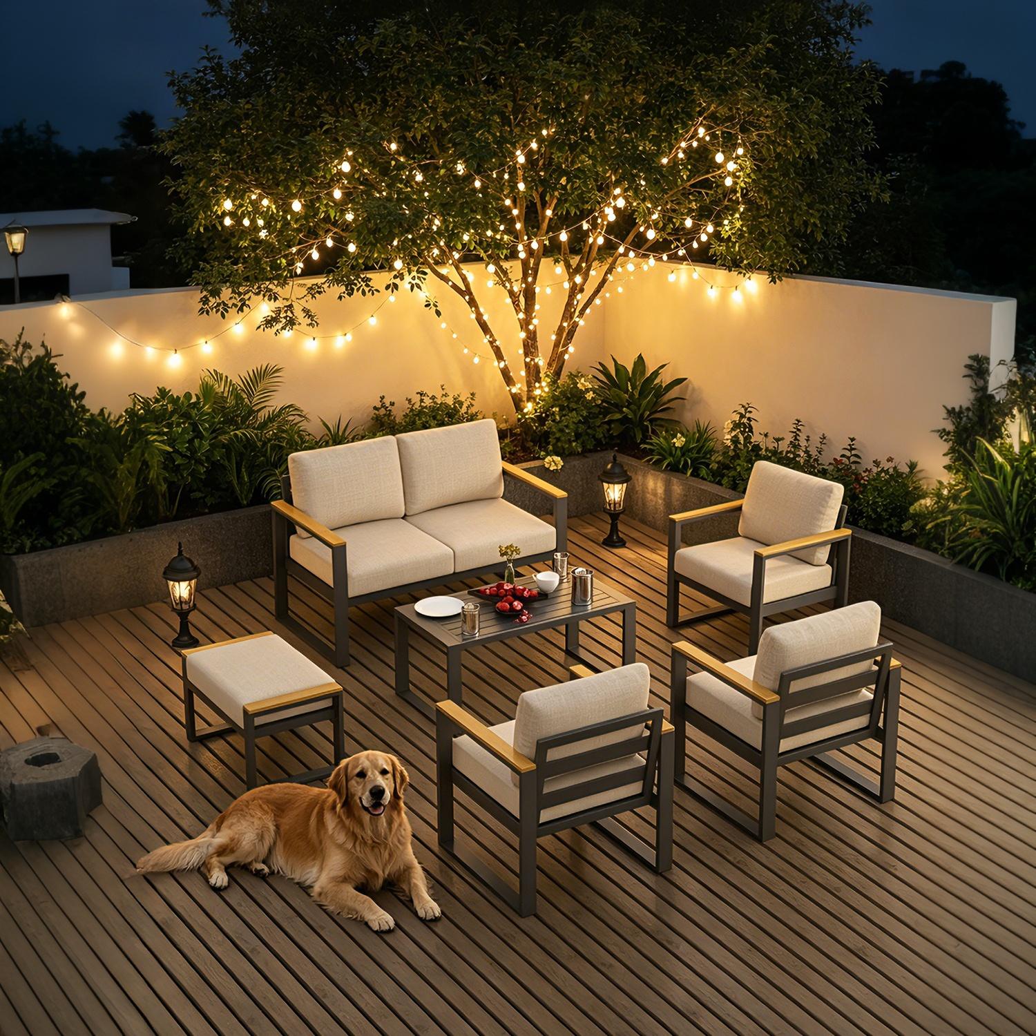 Garvee Set de 2 Reposapiés de Aluminio para Exterior Taburetes de Jardín con Cojines Extraíbles de 12.7 cm para Patio Terraza y Balcón Beige