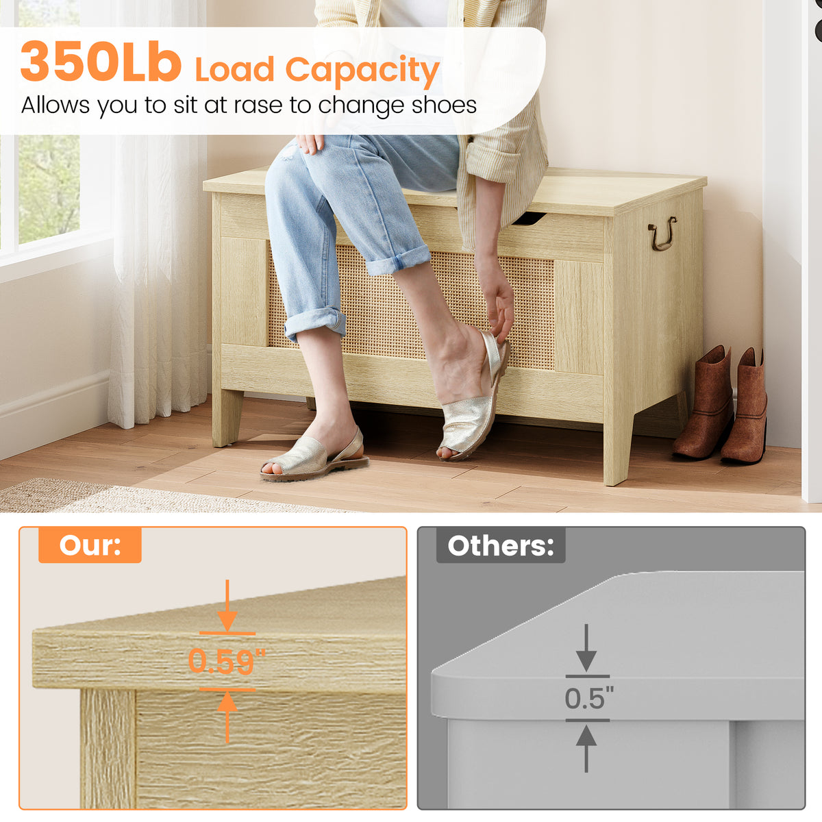 Garvee Baúl de Almacenaje de Madera 76x40x50 cm con Bisagra de Seguridad Banco Asiento Soporta 159 kg Madera Natural