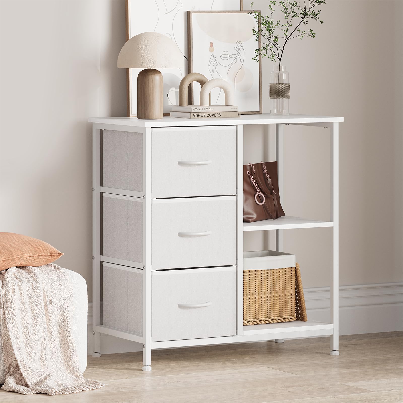Garvee Archivador de 3 Cajones con Estantes Abiertos Soporte para Impresora Marco de Acero Blanco para Oficina y Hogar Diseño Moderno