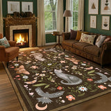 Garvee Alfombra Amplia Lavable Antideslizante Diseño de Gato y Flores Pelo Corto y Suave para Salón o Comedor Decoración Moderna 200x290cm Marrón