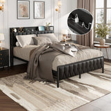 Garvee Estructura de Cama Tamaño Queen de Metal con Cabecera Tapizada en PU y Estación de Carga Negro