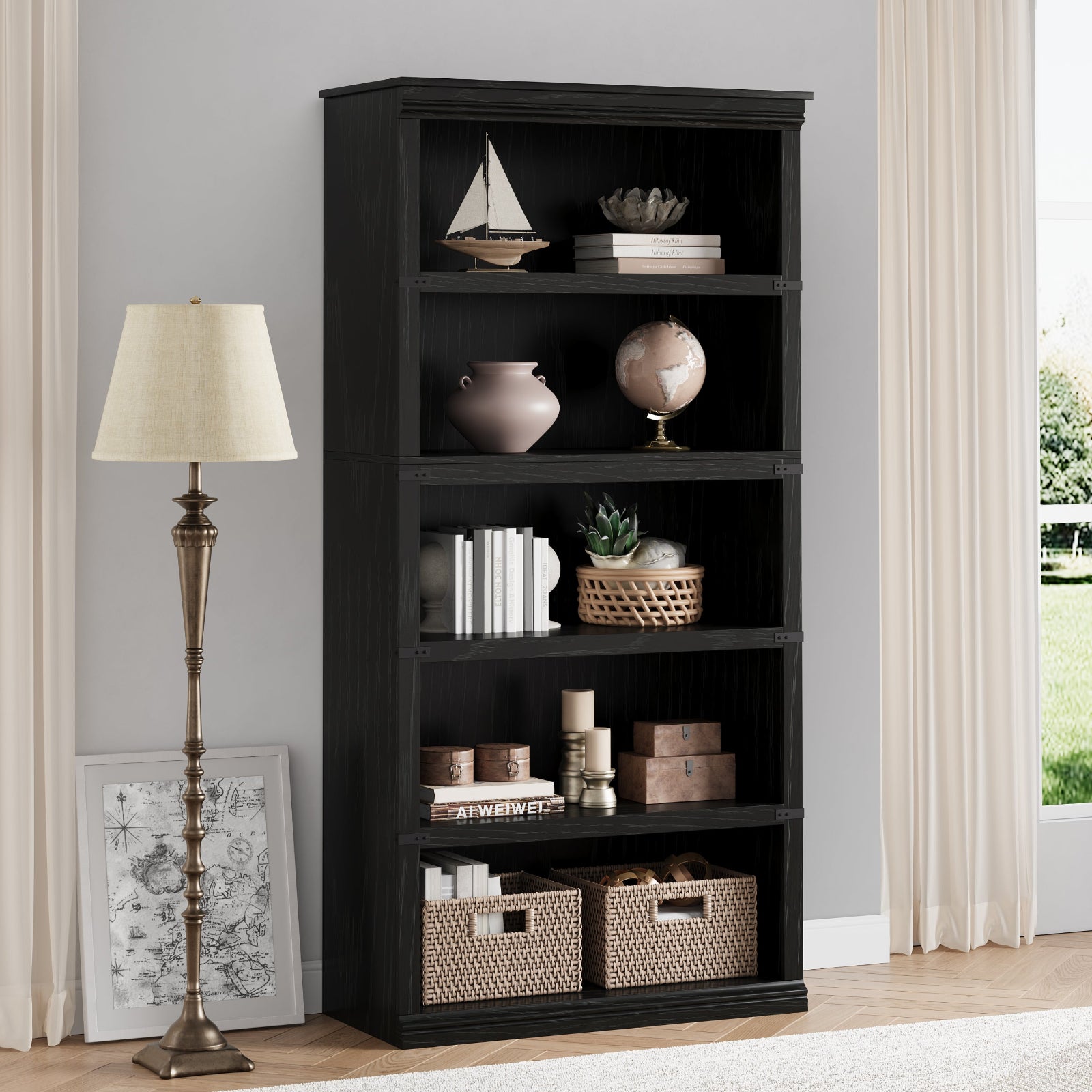 Garvee estantería de 5 niveles Farmhouse madera MDF para sala y oficina 171.2cm alto Diseño Colonial Marrón
