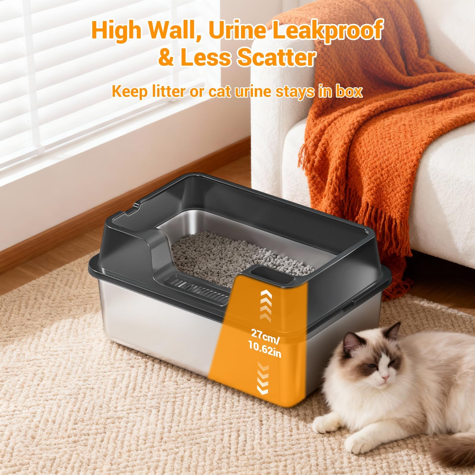 Garvee Arenero de Gato de Acero Inoxidable Talla L, con Bordes Altos y Alfombra Antideslizante, 50x35x27cm, Negro, para Hogares con Múltiples Gatos