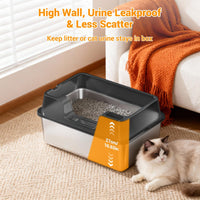 Garvee Arenero de Gato de Acero Inoxidable Talla L, con Bordes Altos y Alfombra Antideslizante, 50x35x27cm, Negro, para Hogares con Múltiples Gatos