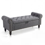 Garvee Banco Otomano Tapizado de Lino 130 cm con Almacenamiento Oculto, Pie de Cama con Reposabrazos y Patas de Madera, Gris - Gris