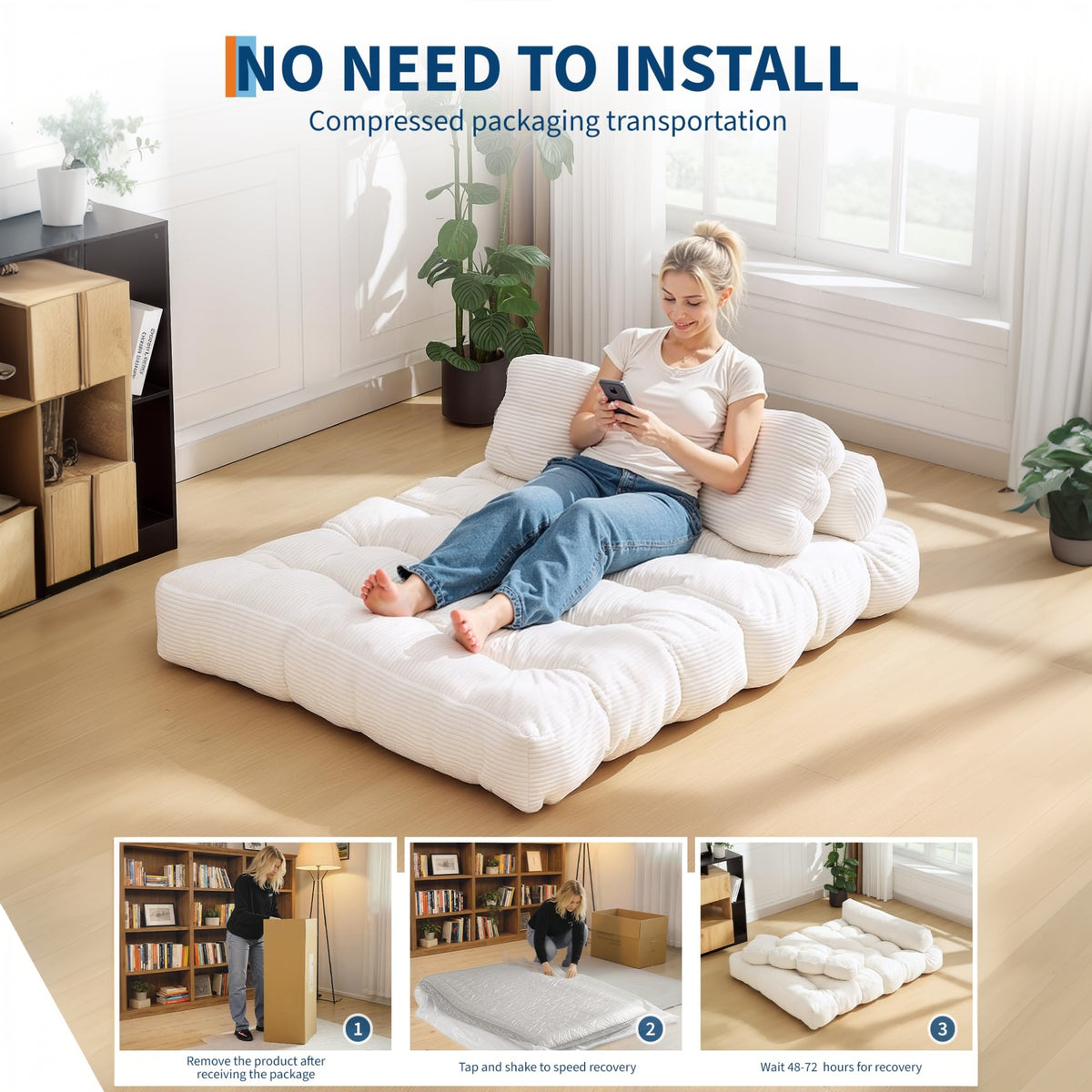 Garvee Sofá Cama Plegable 3-en-1 con Almohada y Espuma Desmenuzada, Tapizado en Corduroy Resistente a Mascotas, para Sala y Dormitorio, Beige Full, Versátil y Cómodo