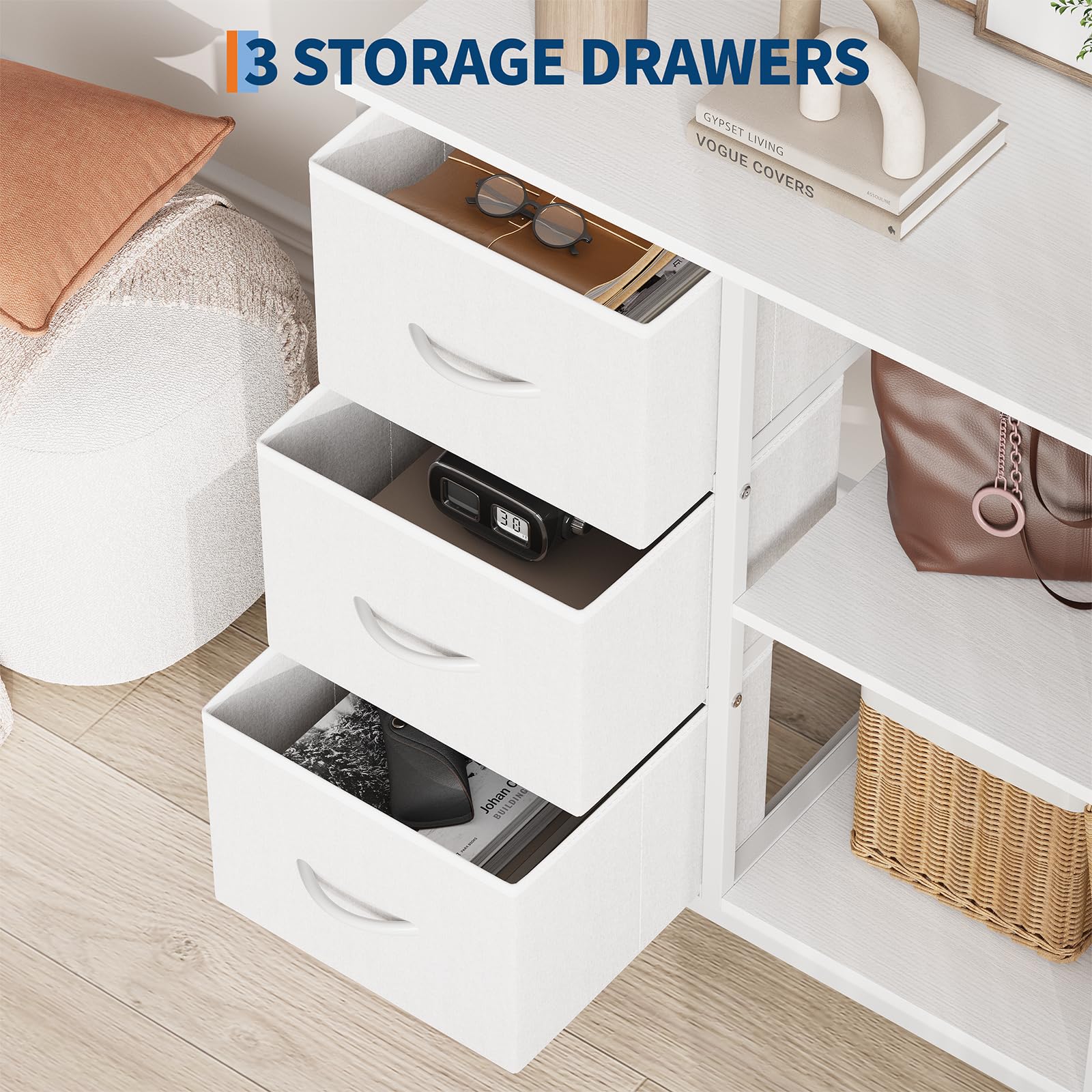 Garvee Archivador de 3 Cajones con Estantes Abiertos Soporte para Impresora Marco de Acero Blanco para Oficina y Hogar Diseño Moderno
