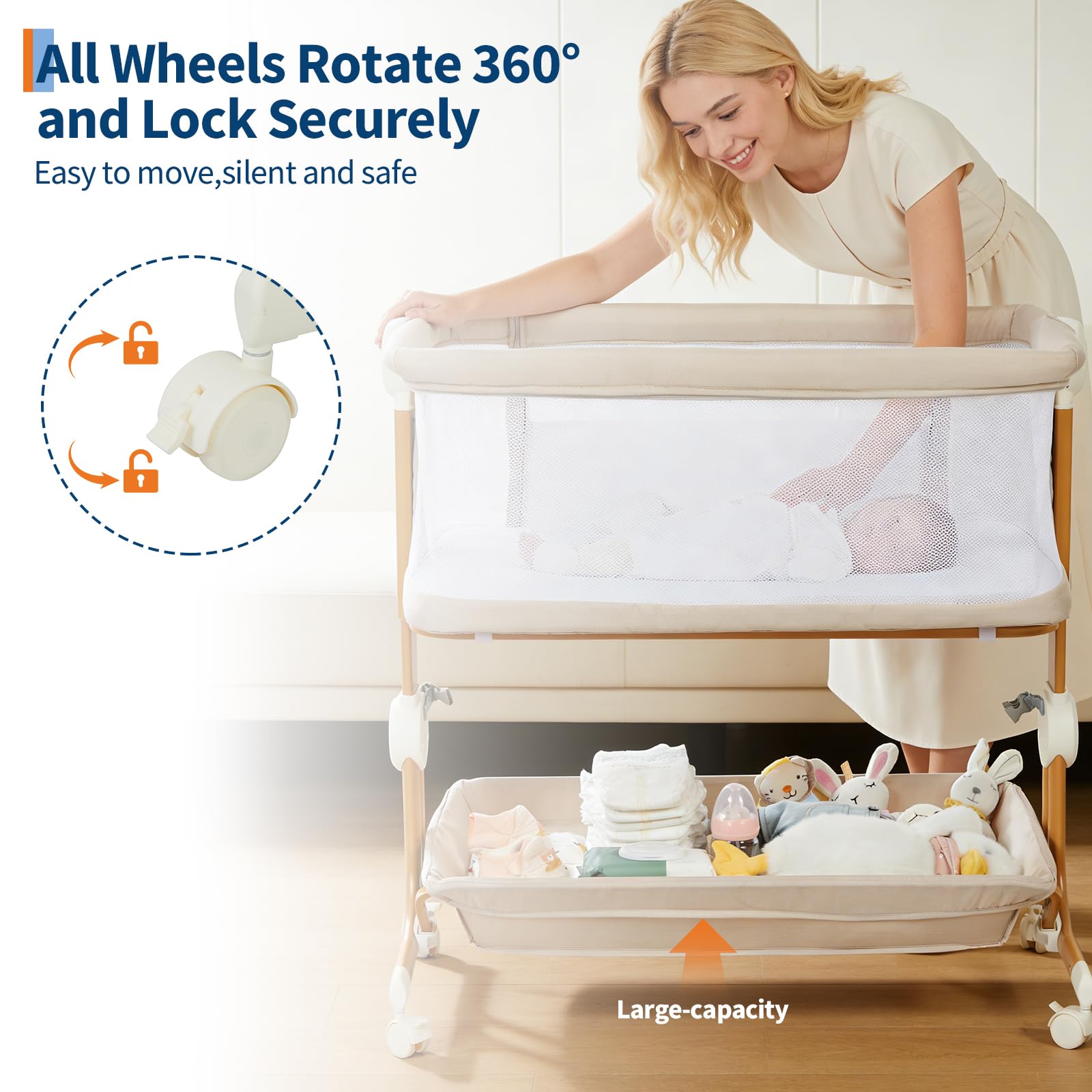 Sistema de altura ajustable en 6 niveles para alinear la minicuna a la cama