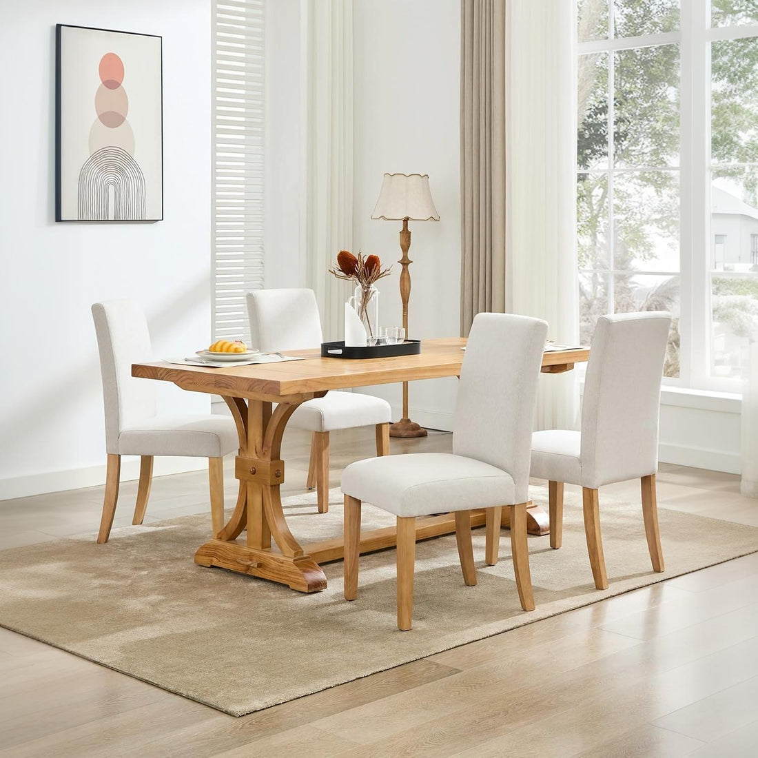 Garvee Sillas de Comedor Set de 4 Tapizadas en Lino con Patas de Madera Maciza Respaldo Ergonómico Asiento 50 cm Beige