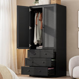 Garvee Armario Ropero Alto de Madera con 3 Cajones 2 Puertas y Barra para Colgar Ropa Gran Capacidad y Estructura Resistente Negro
