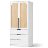 Garvee Armario Ropero de Madera de Gran Capacidad 3 Cajones y 2 Puertas de Ratán Barra para Colgar Ropa Diseño Moderno para Dormitorio Blanco