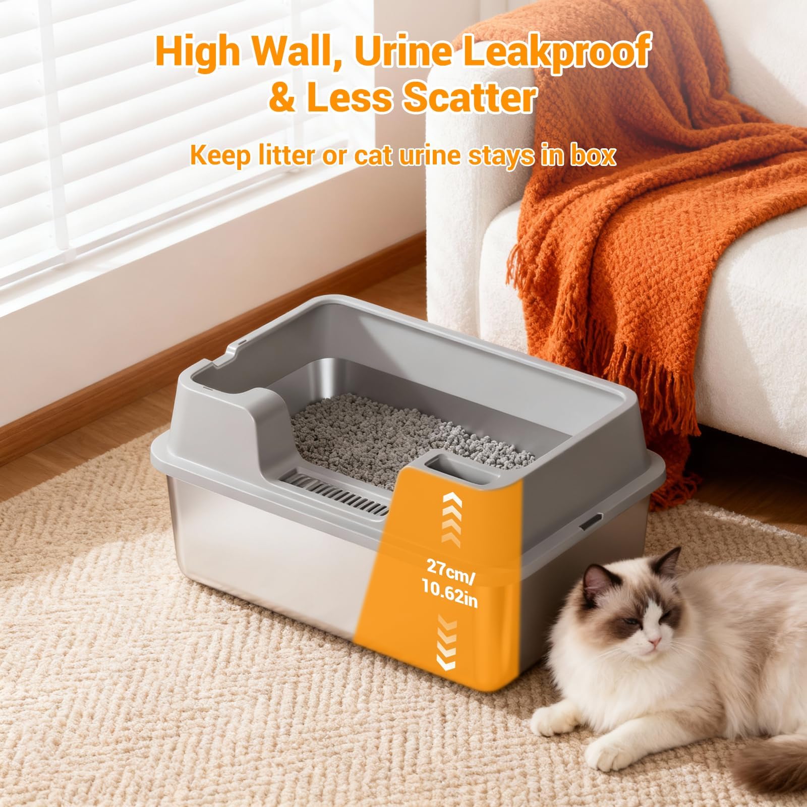 Garvee Arenero de Gato de Acero Inoxidable Talla L, con Pala, 27cm de Altura, Plata, para Hogares con Múltiples Gatos