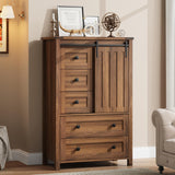 Garvee Cómoda de 5 Cajones Estilo Granja Elegancia Clásica y Amplio Almacenamiento Puerta Corredera Tipo Granero Estante Ajustable para Dormitorio Nogal