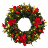 Garvee Corona Navidena Decorativa con Luces LED Lazos y Ramas de Pino Nieve Artificial Temporizador, 60 cm Rojo y Dorado
