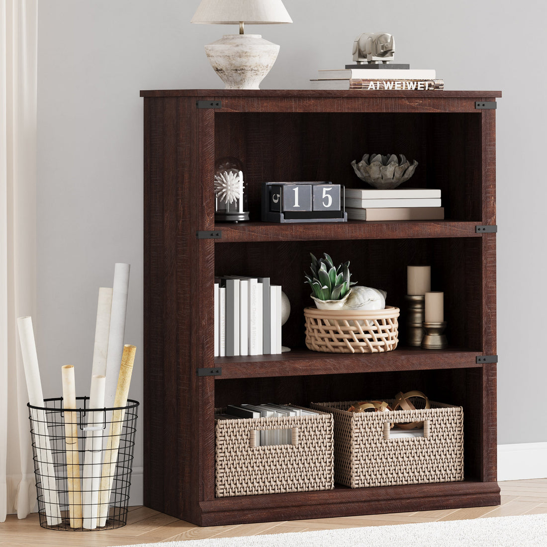 Garvee Librería de 3 Niveles con Gran Capacidad y Diseño Colonial para Organización en Salón u Oficina 80x32x171cm Marrón Rojizo