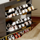 Garvee Zapatero Estrecho Moderno de Madera Acanalada con Dos Cajones Abatibles y Estante Abierto, Negro