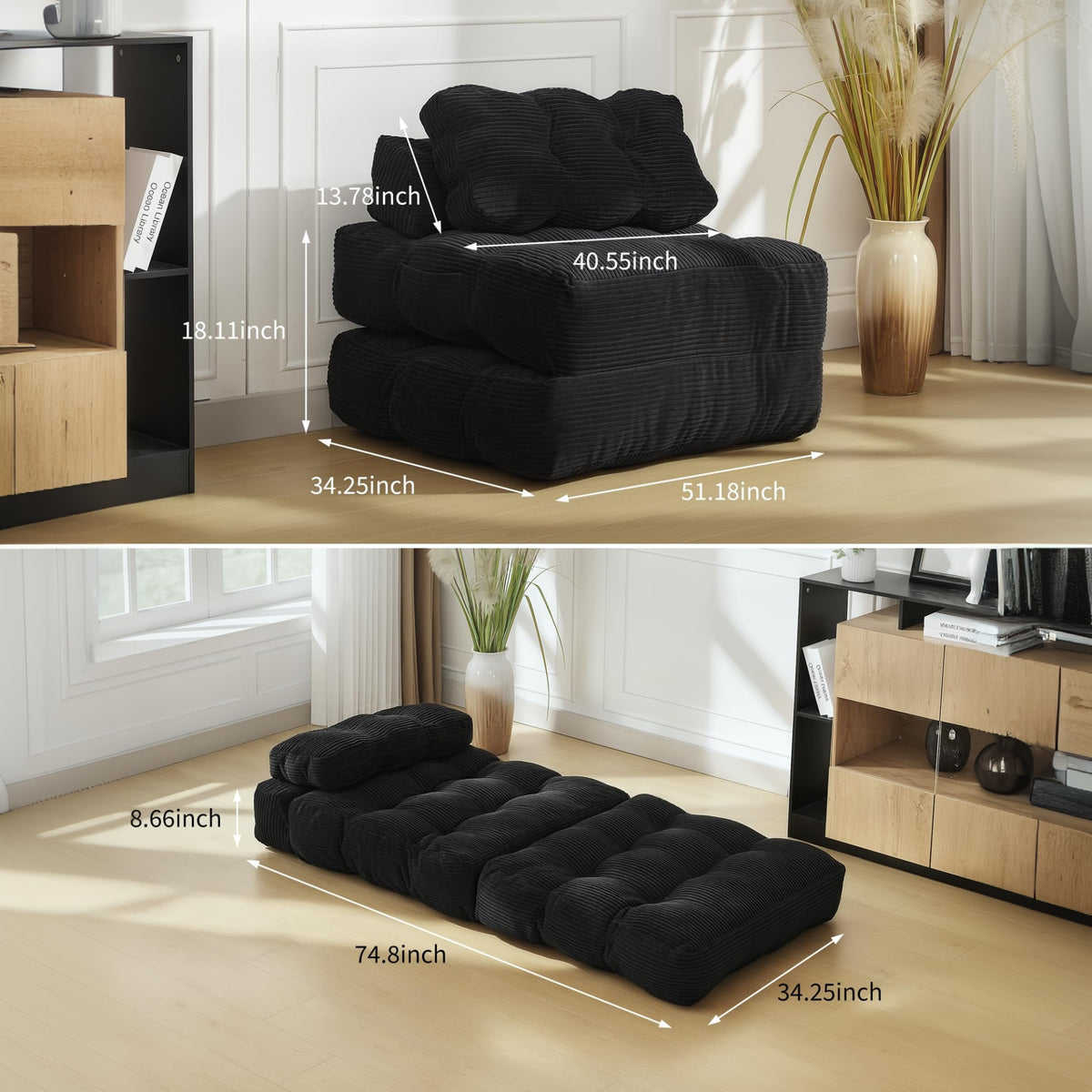 Garvee Sofá Cama Plegable 3 en 1 Individual Espuma Soporte Lumbar Ajustable Tela de Pana 85x190 cm Negro
