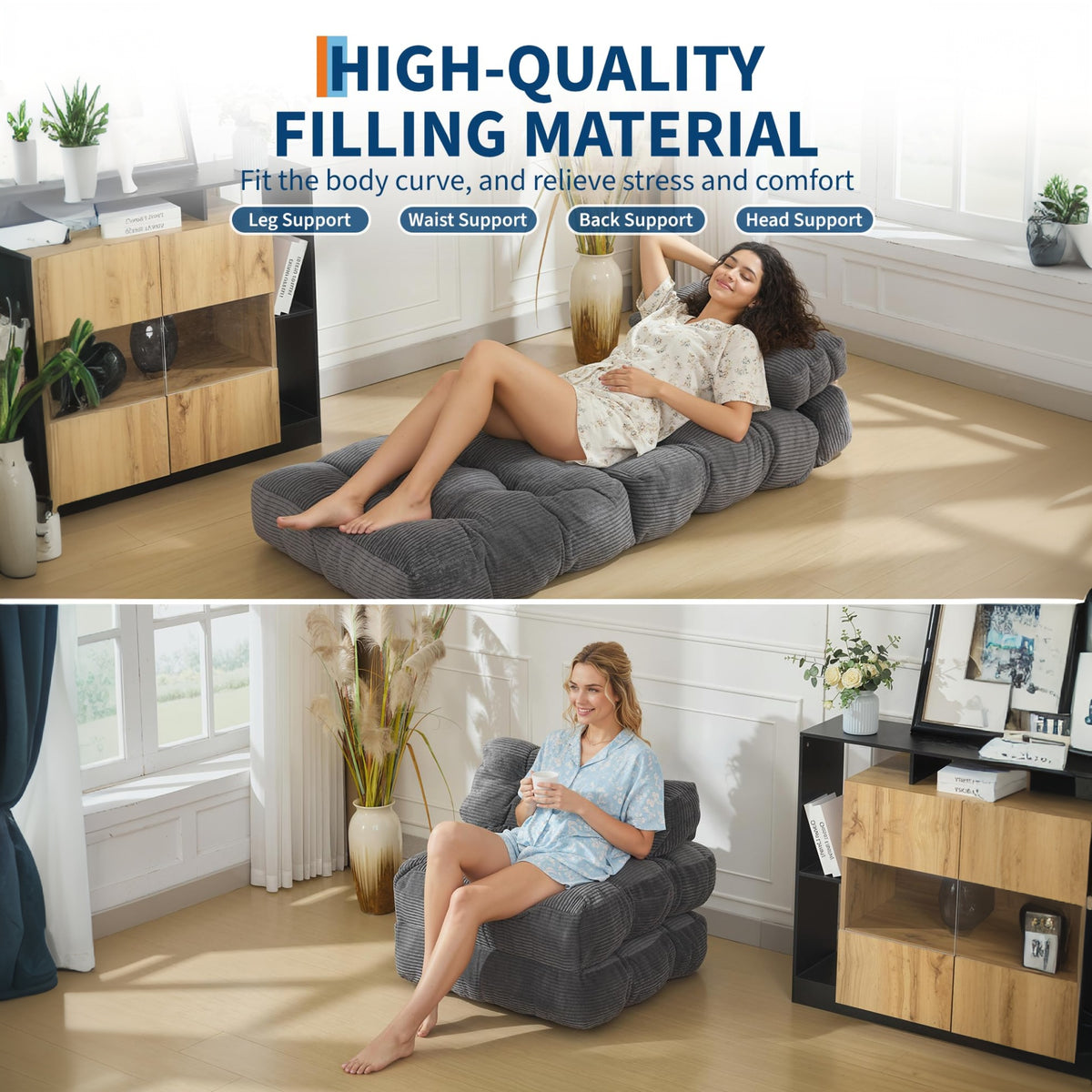Garvee Sofá Cama Plegable Individual de Pana con Espuma Triturada, Reposacabezas Ajustable y Soporte Lumbar, Funda Lavable, para Sala y Dormitorio, Gris Oscuro