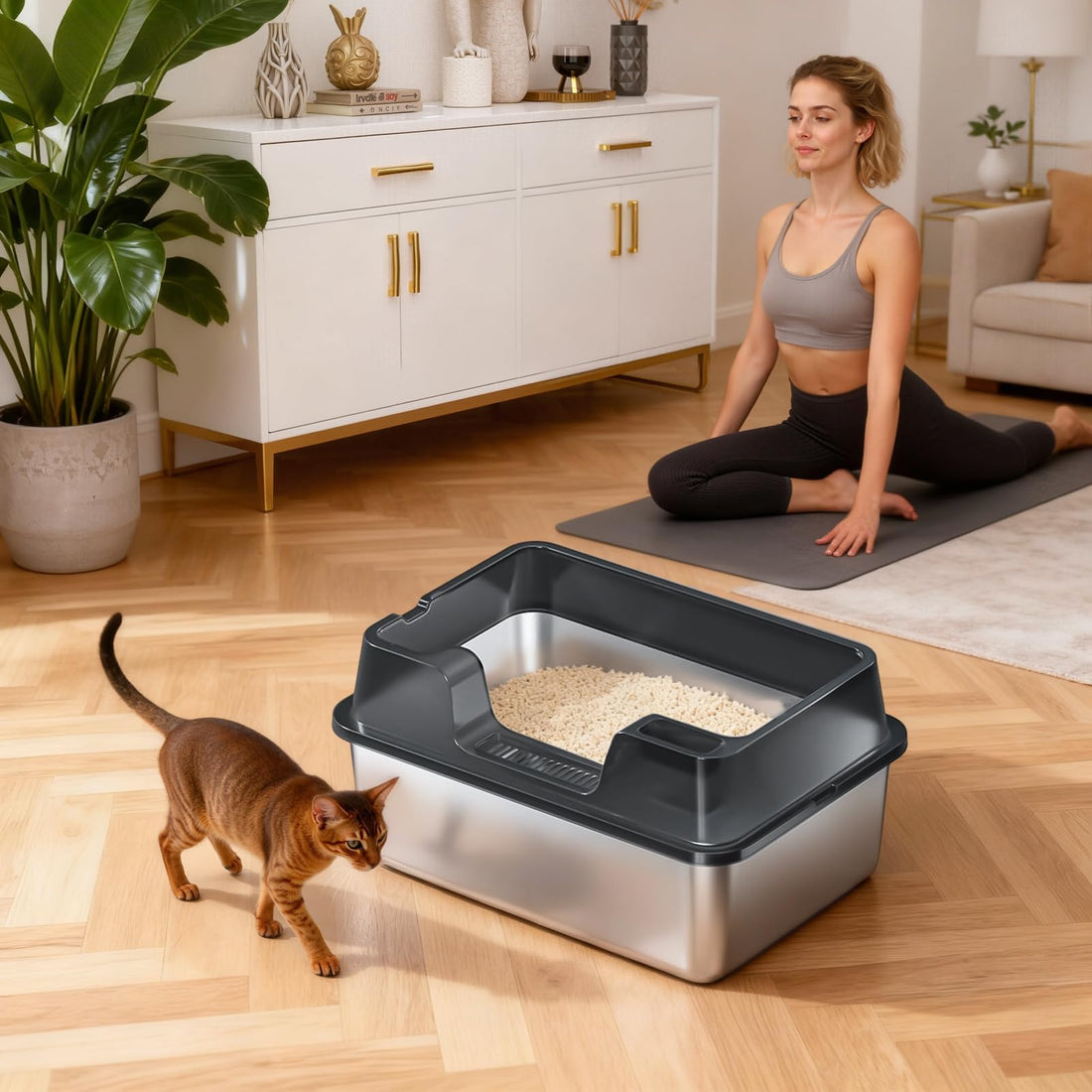 Garvee Arenero de Gato de Acero Inoxidable Talla L, con Bordes Altos y Alfombra Antideslizante, 50x35x27cm, Negro, para Hogares con Múltiples Gatos