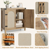 Garvee Set de 2 Aparadores Boho de Madera con Puertas de Ratán Estante Ajustable y Tiradores Metálicos Mueble Recibidor Multifuncional Color Natural