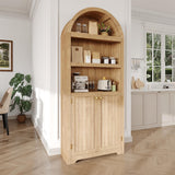 Garvee Estantería Arqueada de PB con Puertas Dobles, Estantes Abiertos y Tiradores Dorados, Mueble Organizador para Salón y Oficina, Color Natural y Oro - Madera Natural