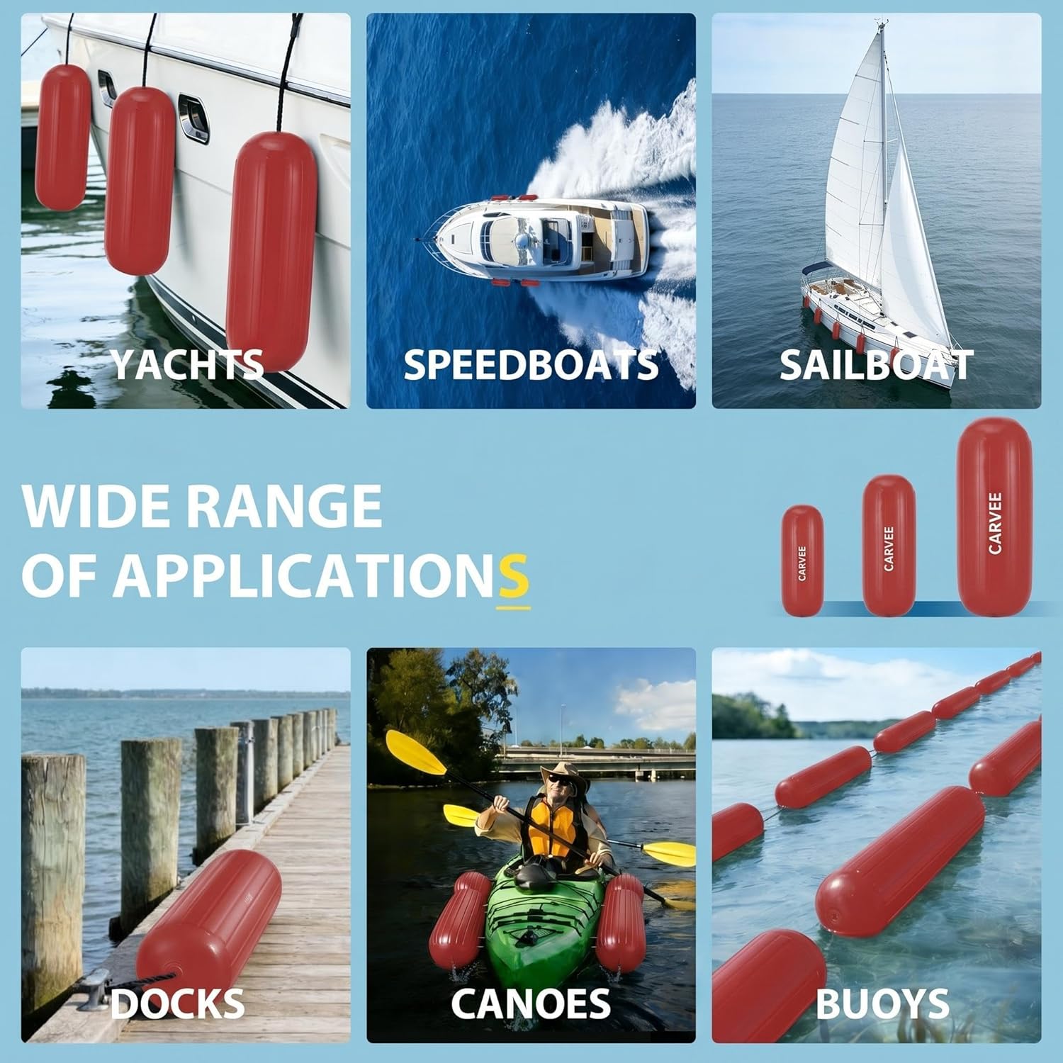Garvee Protectores para Barcos 4 Piezas 25x71 cm Centro Acanalado PVC Resistente con Líneas de Amarre y Bomba para Amarre y Muelles Rojo