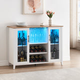 Garvee Mueble Bar para Vinos con Puertas de Vidrio Luz LED y Estantes Ajustables 120x40x88 cm Blanco y Madera de Mango - Blanco & Mango