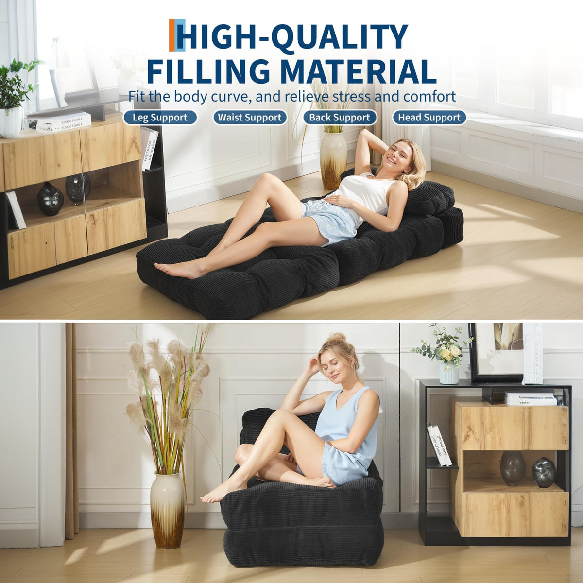 Garvee Sofá Cama Plegable 3 en 1 Individual Espuma Soporte Lumbar Ajustable Tela de Pana 85x190 cm Negro