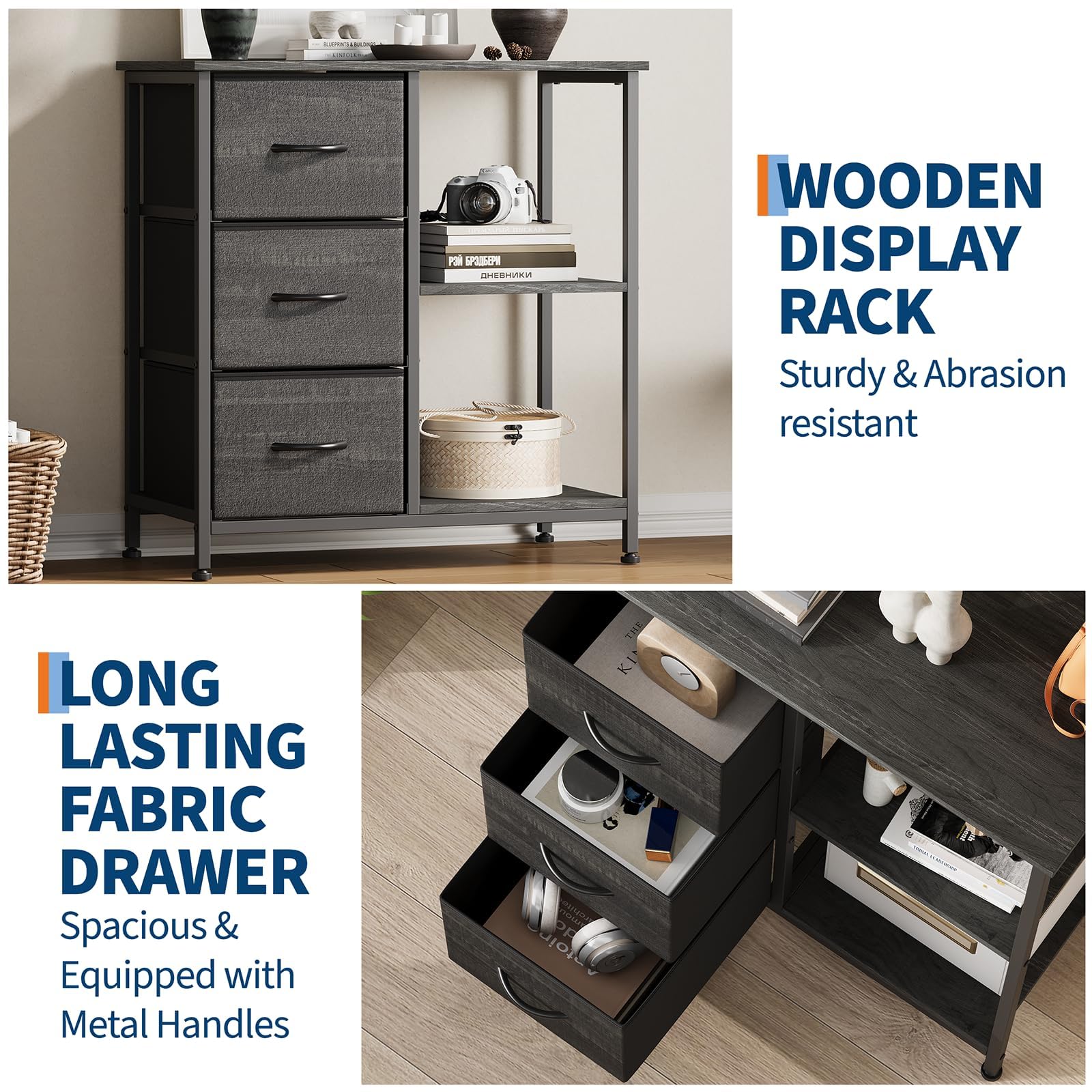Garvee Archivador de 3 Cajones de Tela con Estantes Abiertos Soporte para Impresora Mueble Auxiliar de Oficina Negro