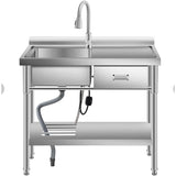 Garvee Fregadero Industrial Independiente de Acero Inoxidable Amplia Superficie de Trabajo Grifo Extraíble Cajón Derecho y Estante 99x50x94cm