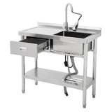 Garvee Fregadero Industrial de Acero Inoxidable para Restaurante Cubeta Amplia con Grifo Extraíble Cajón Izquierdo y Filtro 99x50x94cm