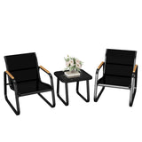 Garvee Conjunto de Muebles de Jardín 3 Piezas de Hierro y Textilene con Mesa de Vidrio Templado y Reposabrazos Efecto Madera Negro y Marrón