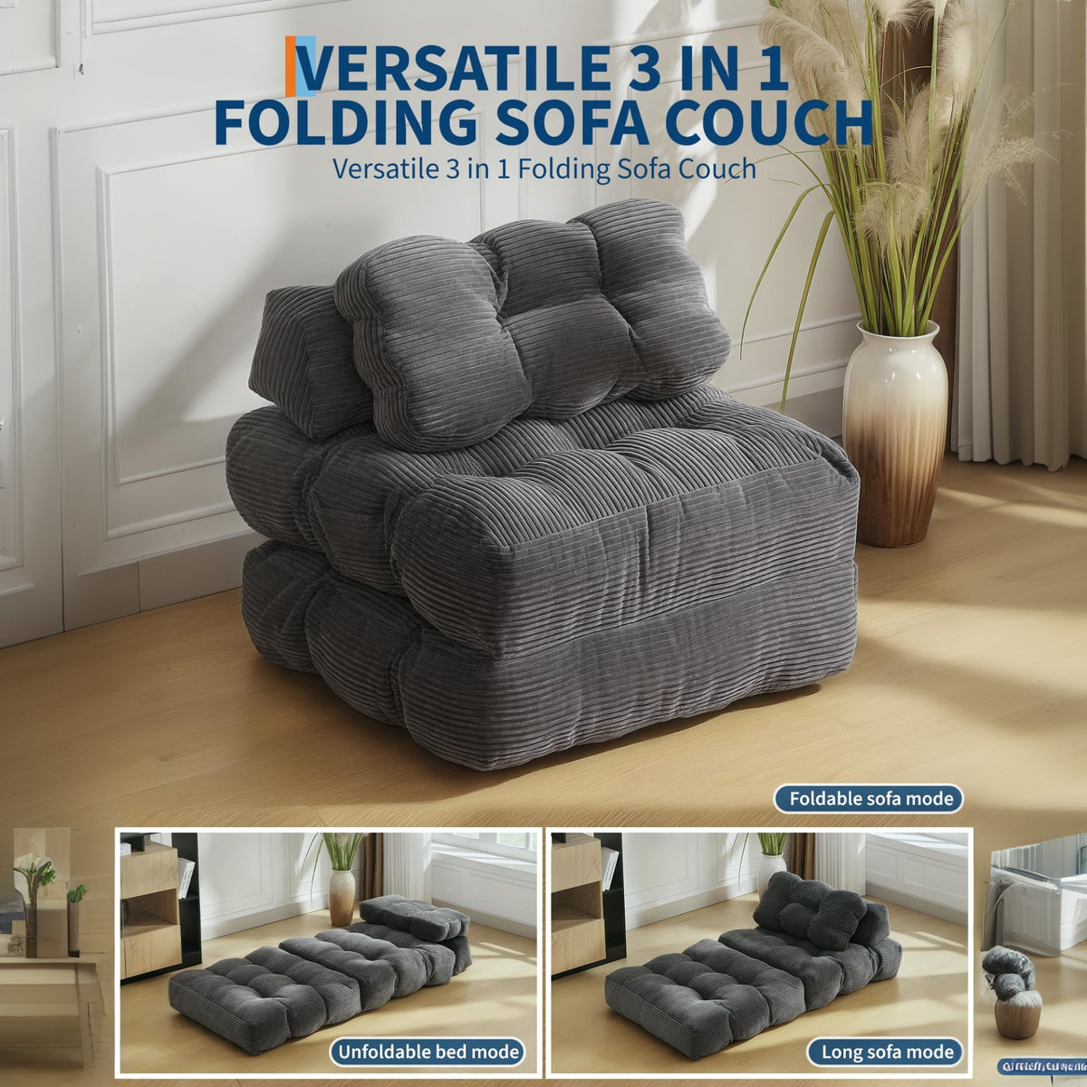 Garvee Sofá Cama Plegable Individual de Pana con Espuma Triturada, Reposacabezas Ajustable y Soporte Lumbar, Funda Lavable, para Sala y Dormitorio, Gris Oscuro