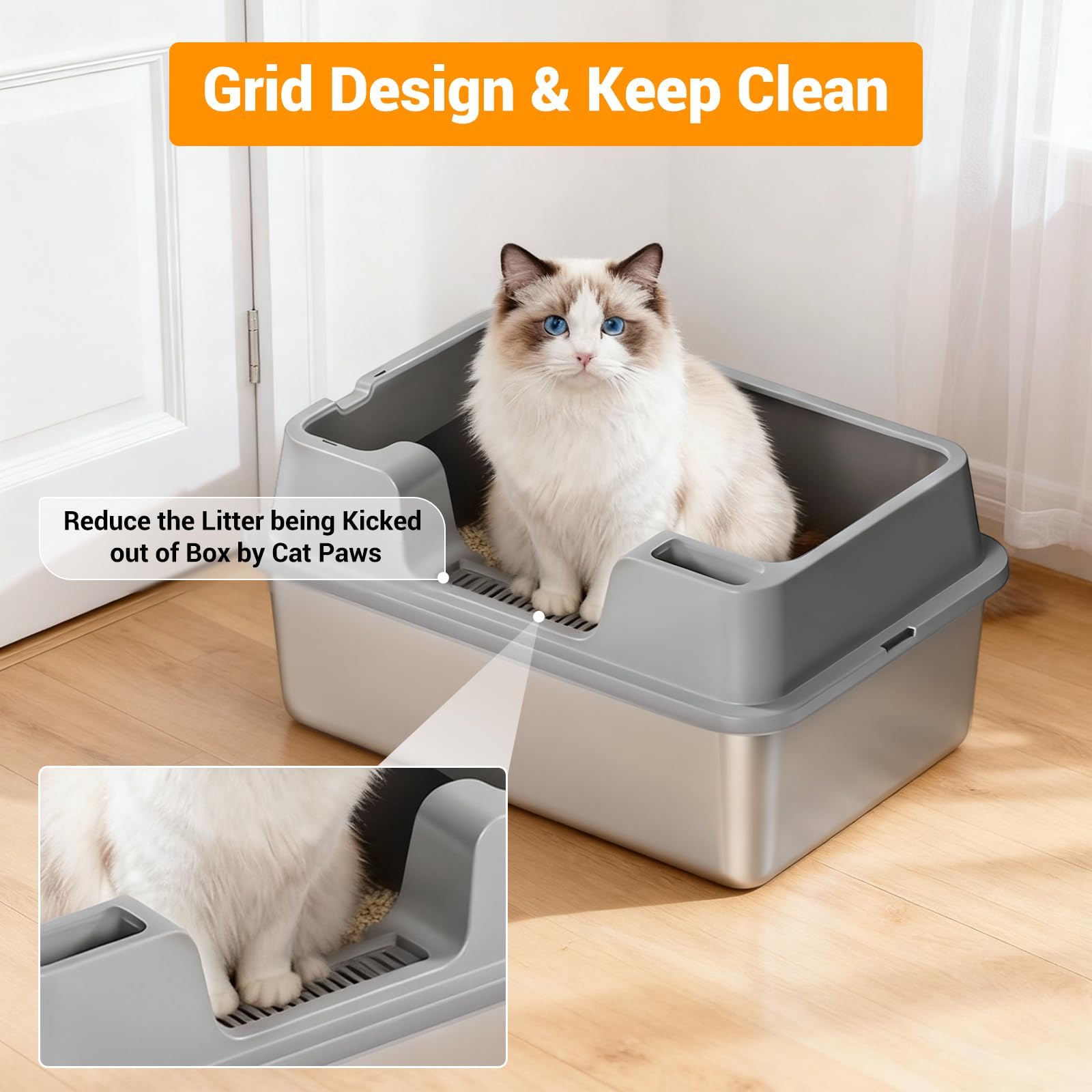 Garvee Arenero de Gato de Acero Inoxidable Talla L, con Pala, 27cm de Altura, Plata, para Hogares con Múltiples Gatos