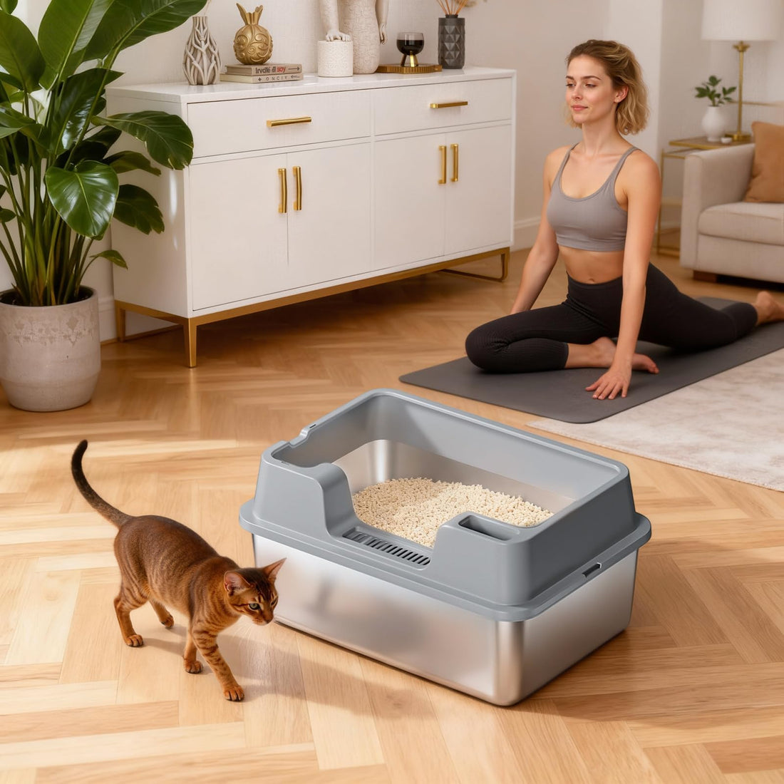 Garvee Arenero de Gato de Acero Inoxidable Talla M, con Bordes Altos y Alfombra Antideslizante, 50x35x22cm, Gris, para Hogares con Múltiples Gatos