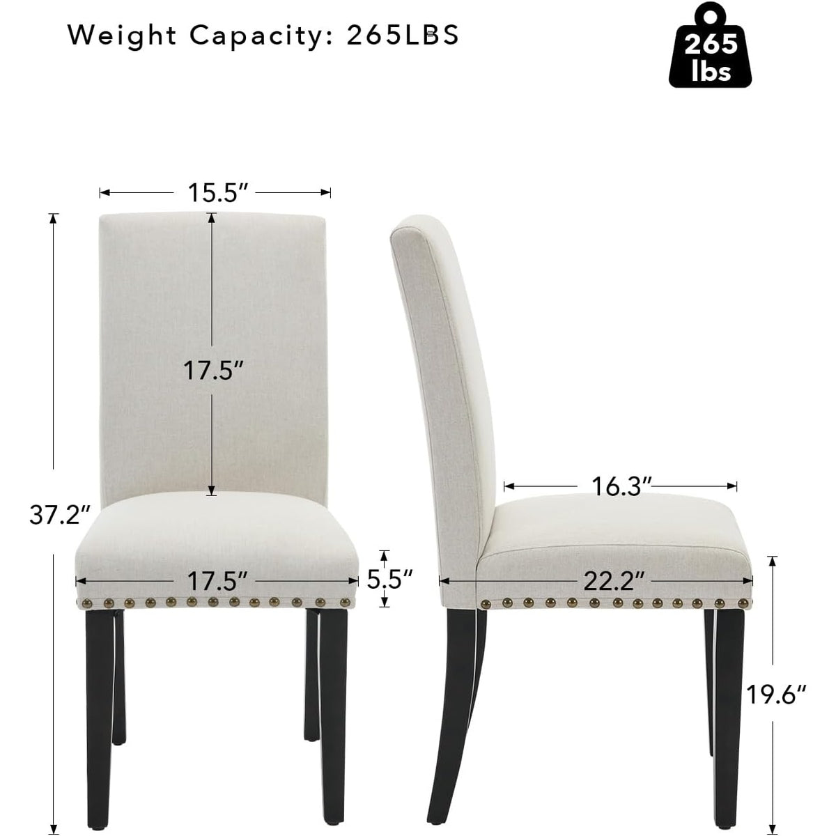 Garvee Juego de 4 Sillas de Comedor Tapizadas en Lino Sillas Parsons Acolchadas con Tachuelas y Patas de Madera de Caucho para Cocina y Restaurante Blanco Crema