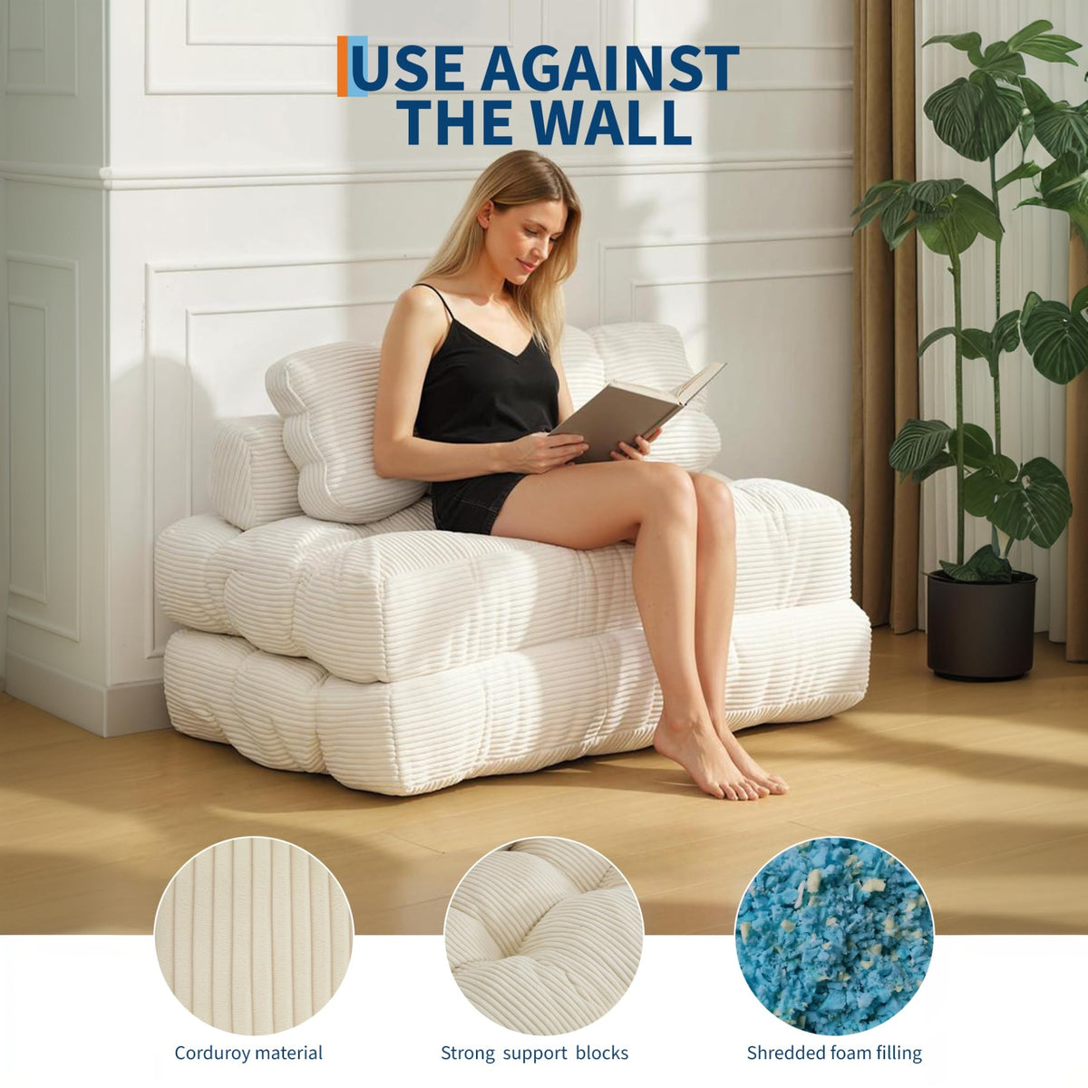 Garvee Sofá Cama Plegable 3-en-1 con Almohada y Espuma Desmenuzada, Tapizado en Corduroy Resistente a Mascotas, para Sala y Dormitorio, Beige Full, Versátil y Cómodo