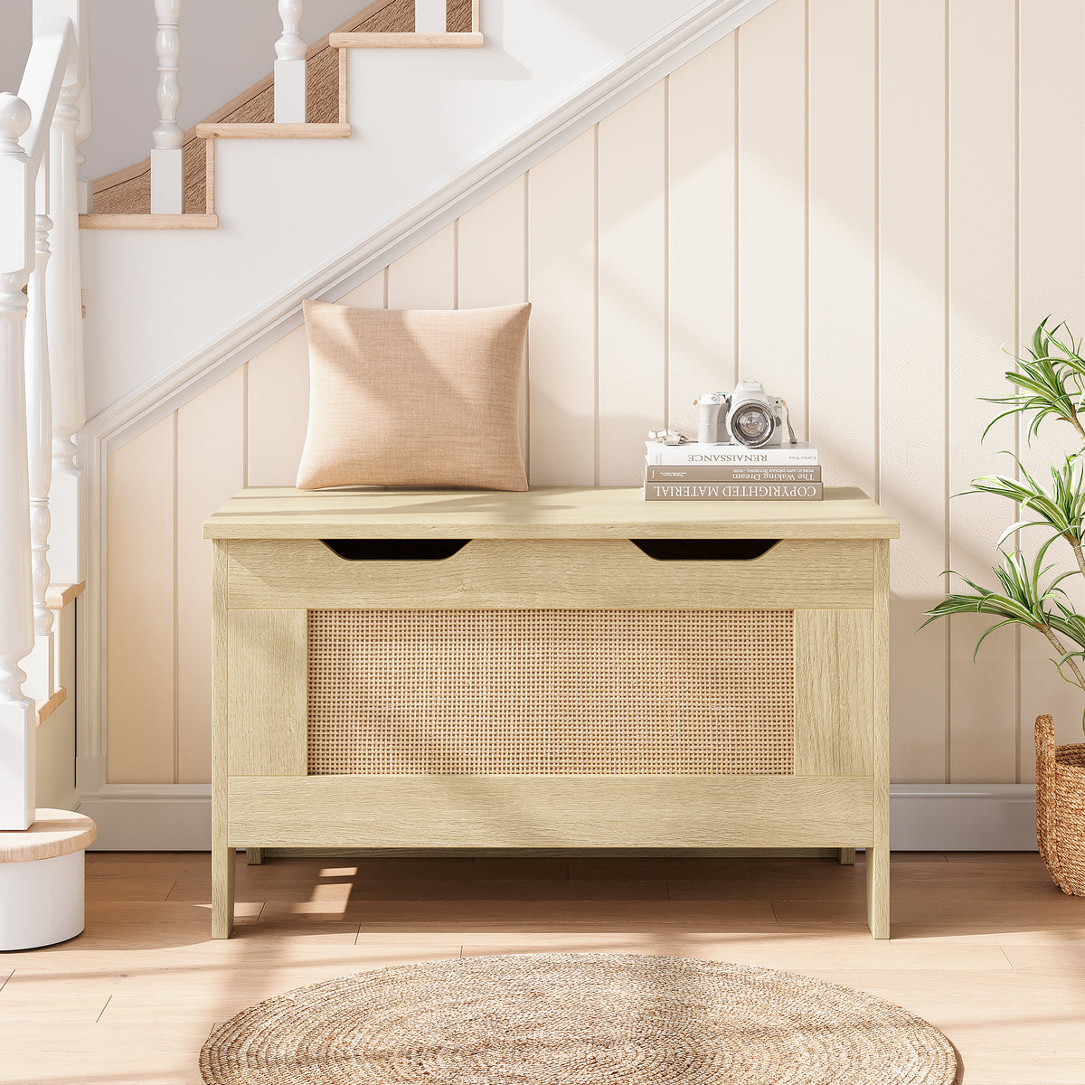 Garvee Baúl de Almacenaje de Madera 76x40x50 cm con Bisagra de Seguridad Banco Asiento Soporta 159 kg Madera Natural