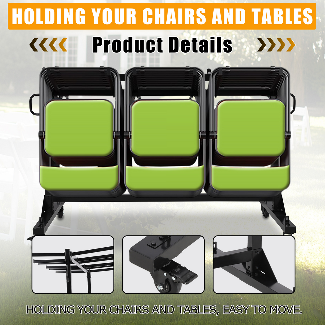 Garvee Carro de Transporte para 42 Sillas Plegables de Acero con Capacidad de 180 kg y Cubierta Impermeable para Eventos y Almacenamiento, Negro