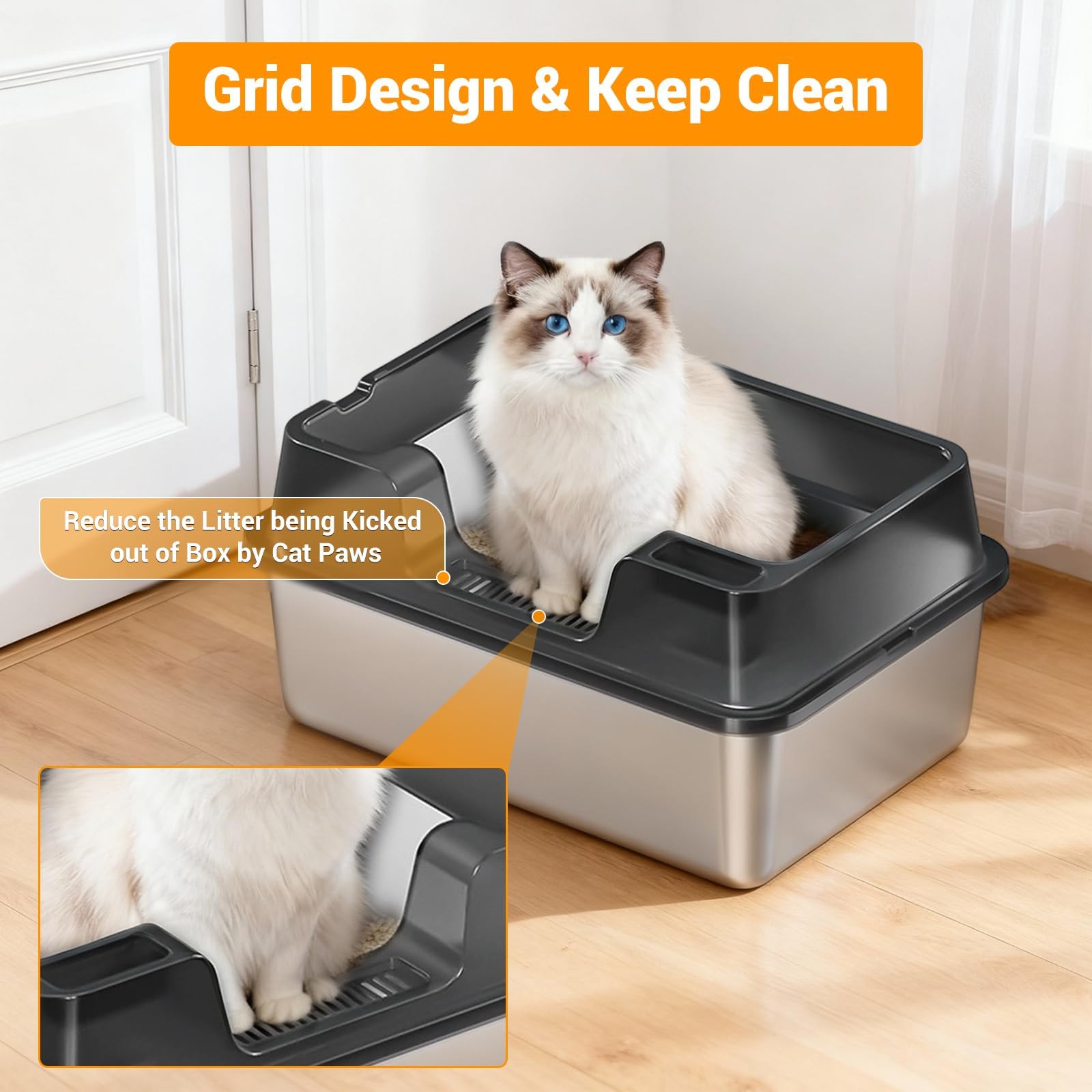 Garvee Arenero de Gato de Acero Inoxidable Talla L, con Bordes Altos y Alfombra Antideslizante, 50x35x27cm, Negro, para Hogares con Múltiples Gatos