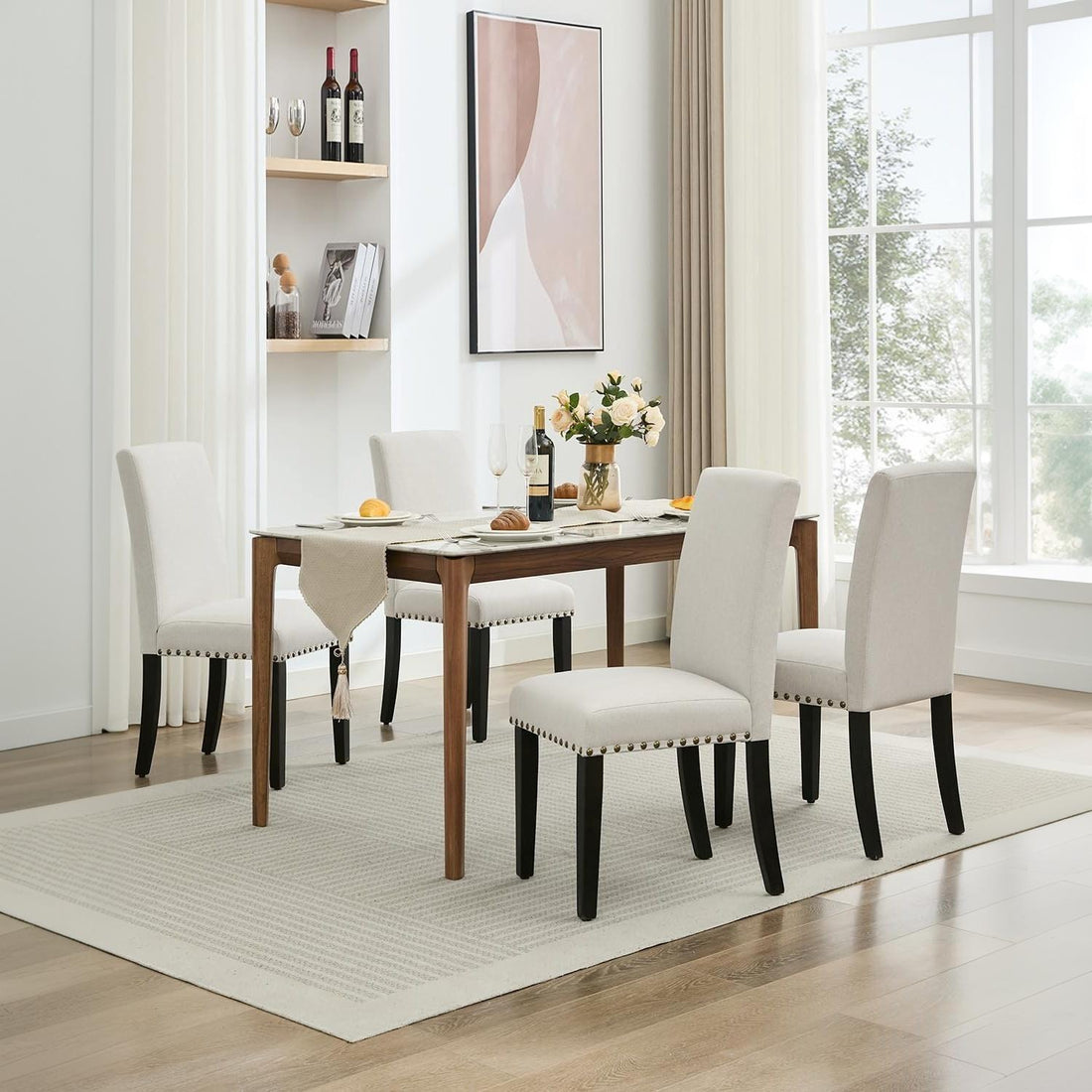 Garvee Juego de 4 Sillas de Comedor Tapizadas en Lino Sillas Parsons Acolchadas con Tachuelas y Patas de Madera de Caucho para Cocina y Restaurante Blanco Crema