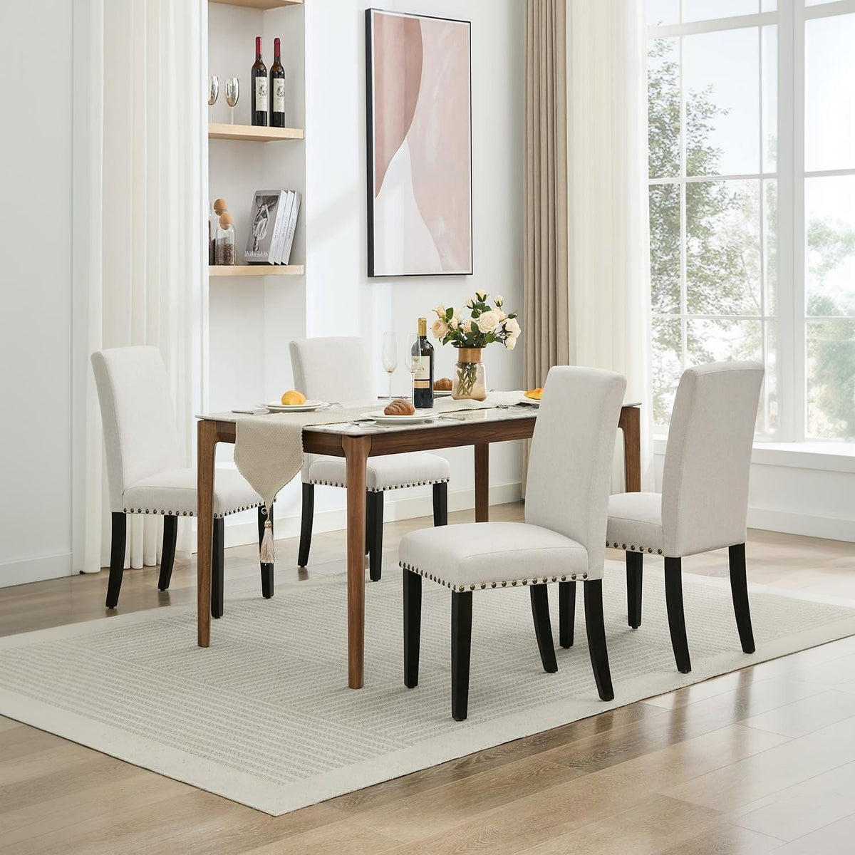 Garvee Juego de 4 Sillas de Comedor Tapizadas en Lino Sillas Parsons Acolchadas con Tachuelas y Patas de Madera de Caucho para Cocina y Restaurante Blanco Crema