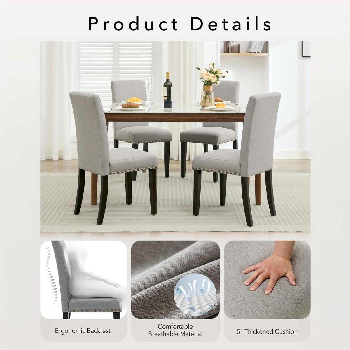Garvee Juego de 4 Sillas de Comedor Parsons Tapizadas en Lino Gris con Tachuelas, Asiento Acolchado y Patas de Madera de Caucho, para Cocina y Restaurante