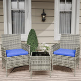 Garvee Conjunto Bistró de 3 Piezas para Patio Muebles de Exterior en Ratán PE con Cojines Resistentes y Mesa de Vidrio Gris y Azul - Gris & Azul
