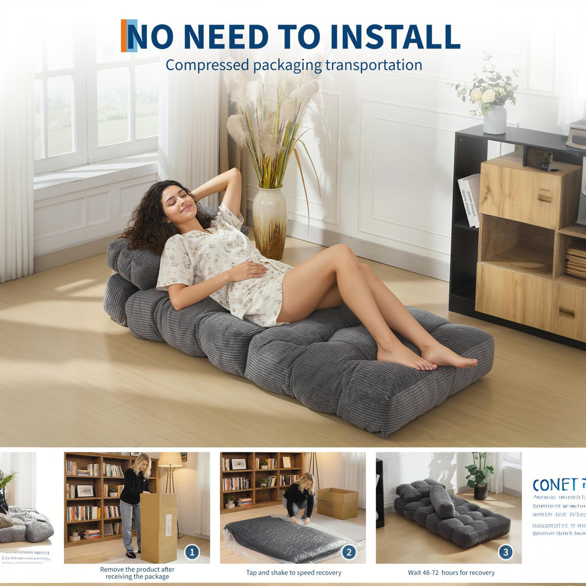 Garvee Sofá Cama Plegable Individual de Pana con Espuma Triturada, Reposacabezas Ajustable y Soporte Lumbar, Funda Lavable, para Sala y Dormitorio, Gris Oscuro