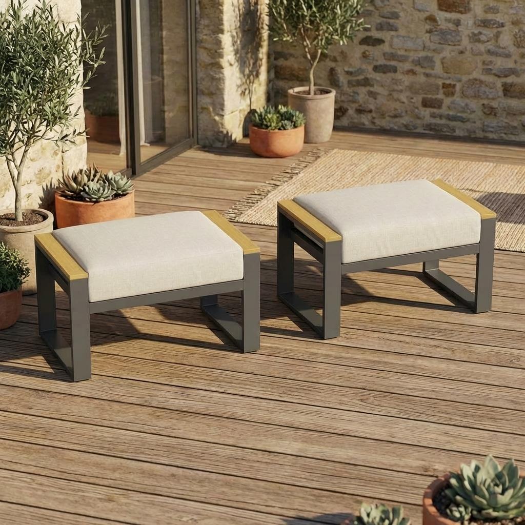 Garvee Set de 2 Reposapiés de Aluminio para Exterior Taburetes de Jardín con Cojines Extraíbles de 12.7 cm para Patio Terraza y Balcón Beige