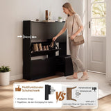 Garvee Zapatero Estrecho de Madera con Banco Oculto Cuatro Compartimentos Abatibles y Estantes Ajustables, Negro