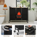Garvee Cesto de Ropa Sucia con Ruedas 3 Cajones Extraíbles de Tela Organizador de Lavandería de MDF y Hierro Resistente para Baño Marrón Rústico y Negro