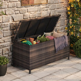 Garvee Baúl de Almacenamiento Exterior 125 Galones, Caja de Jardín de Ratán PE Impermeable, Banco con Ruedas para Terraza, Patio y Piscina, Marrón - Marrón